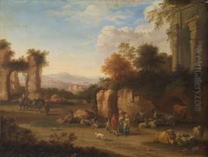 Italian landscape with ancient ruins and peasants