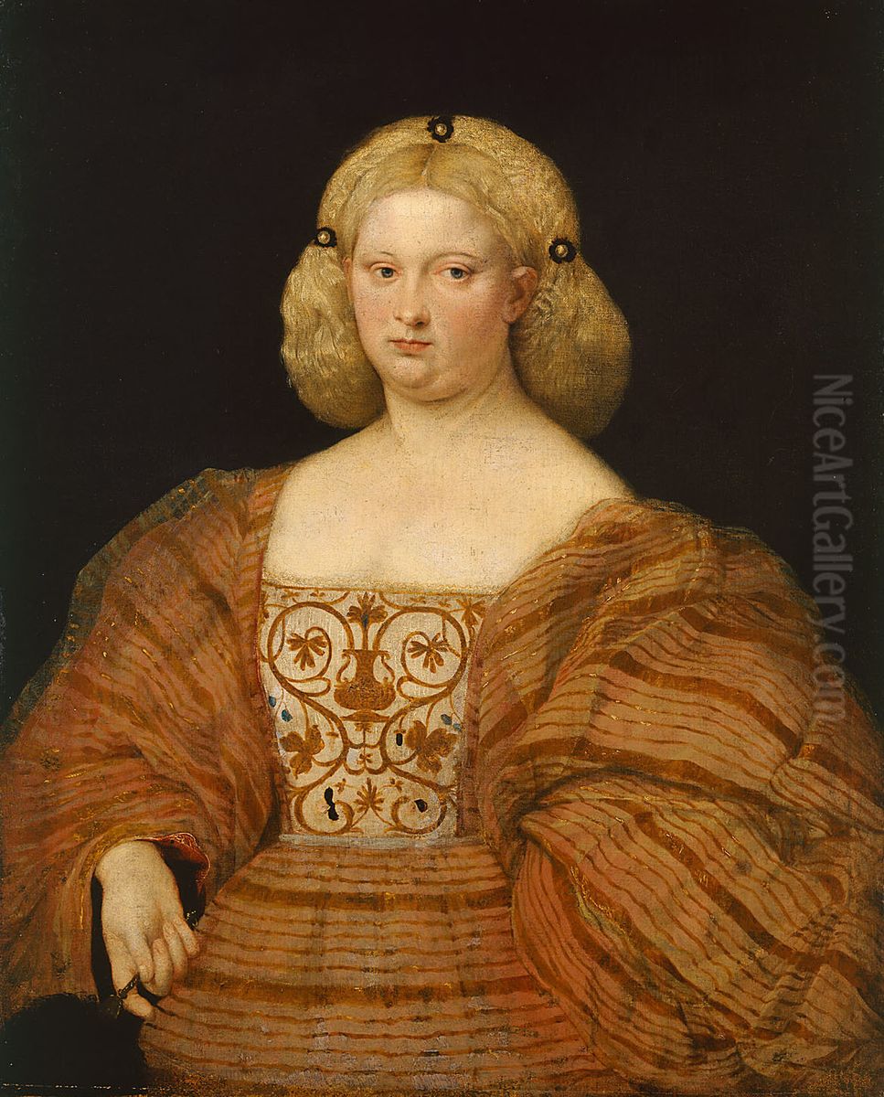 Bildnis einer Frau in gestreiftem Kleid mit Facher Oil Painting by Venetian School