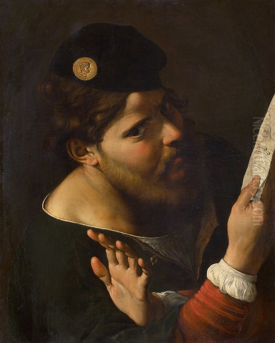 Singing man, possibly a self-portrait Oil Painting by Angelo Caroselli
