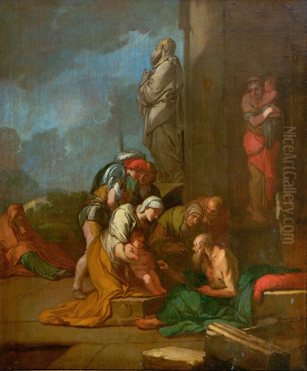 Nymphe Liriope bringt ihren Sohn Narcissus zu Tiresias Oil Painting by Giulio Carpioni