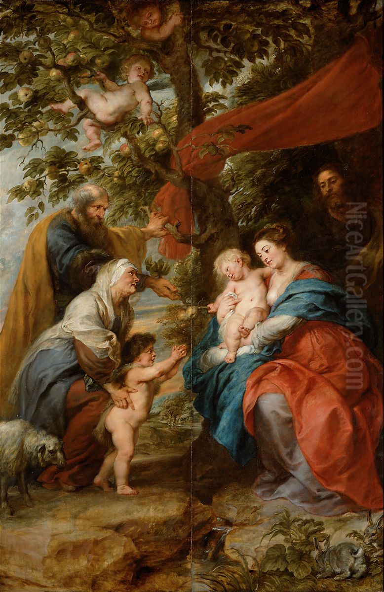 Ildefonso-Altar: Die Hl. Familie unter dem Apfelbaum (Aussenseiten der Flugel) Oil Painting by (studio of) Rubens, Peter Paul