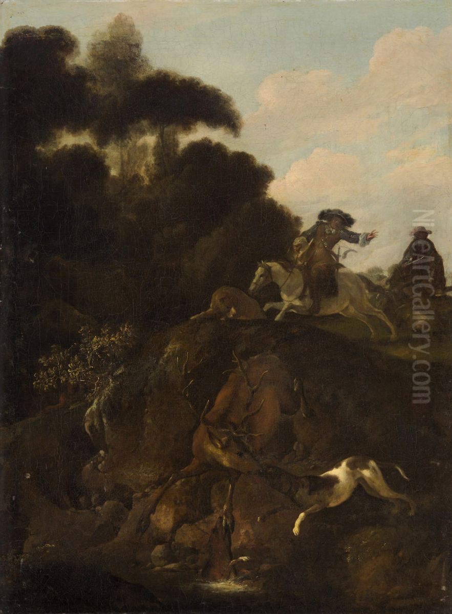 Hirschjagd Oil Painting by Carl Borromaus Andreas Ruthart