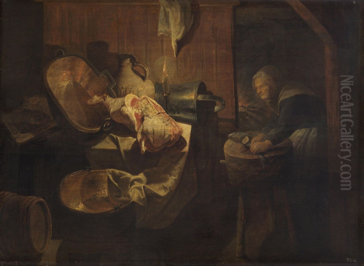 Old woman in the pantry Oil Painting by David Ryckaert III