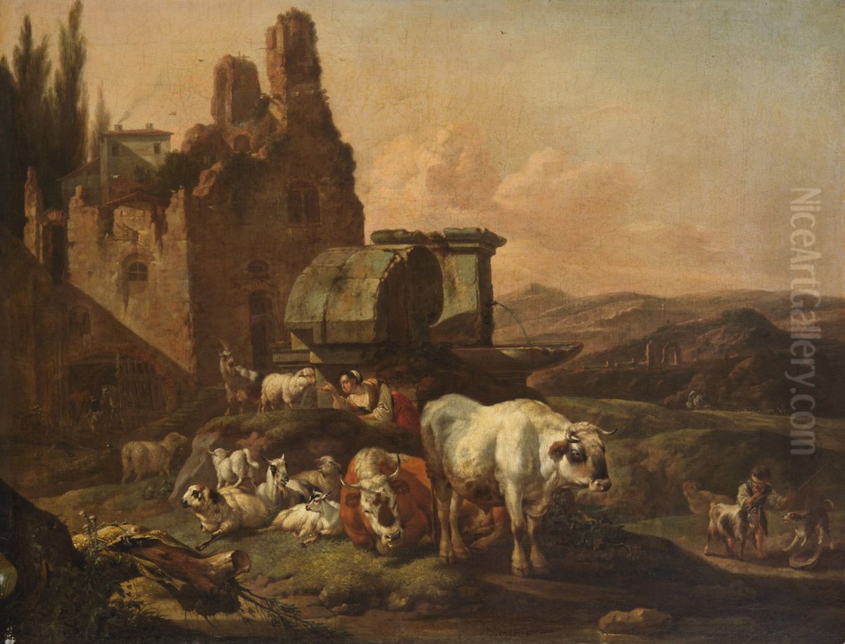 Landschaft mit Tieren an der Tranke Oil Painting by Johann Heinrich Roos