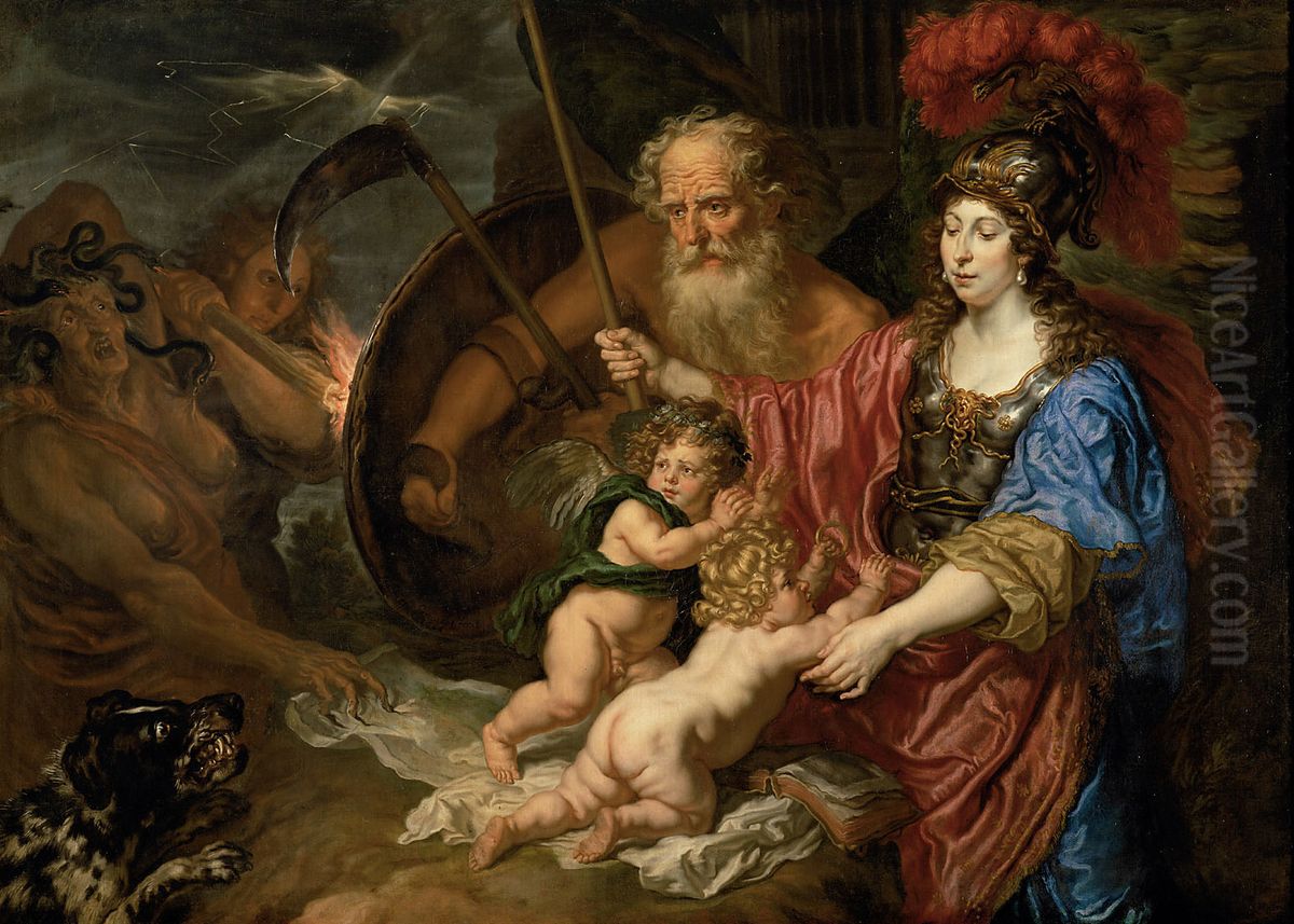 Minerva und Saturn beschutzen Kunst und Wissenschaft vor Neid und Luge Oil Painting by Joachim von, I Sandrart