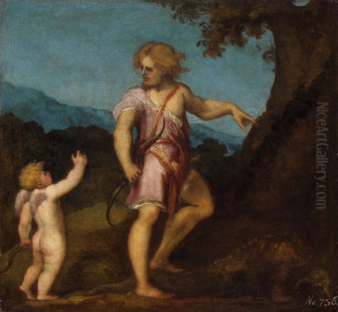 Apollo and Eros Oil Painting by Andrea Schiavone