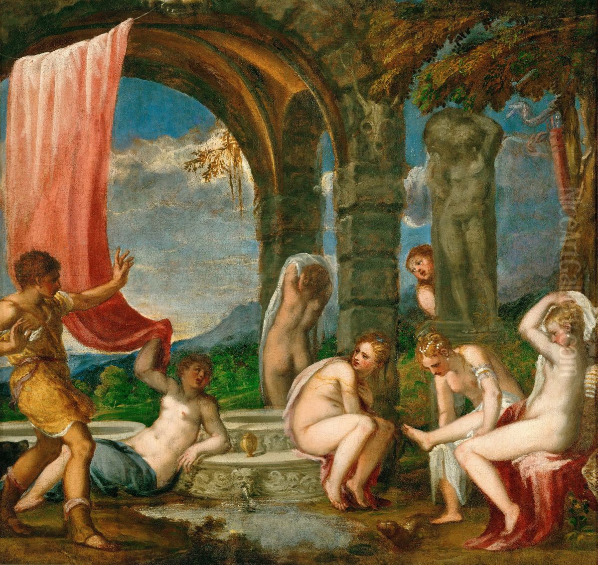 Diana   and  Actaeon Oil Painting by Andrea Schiavone