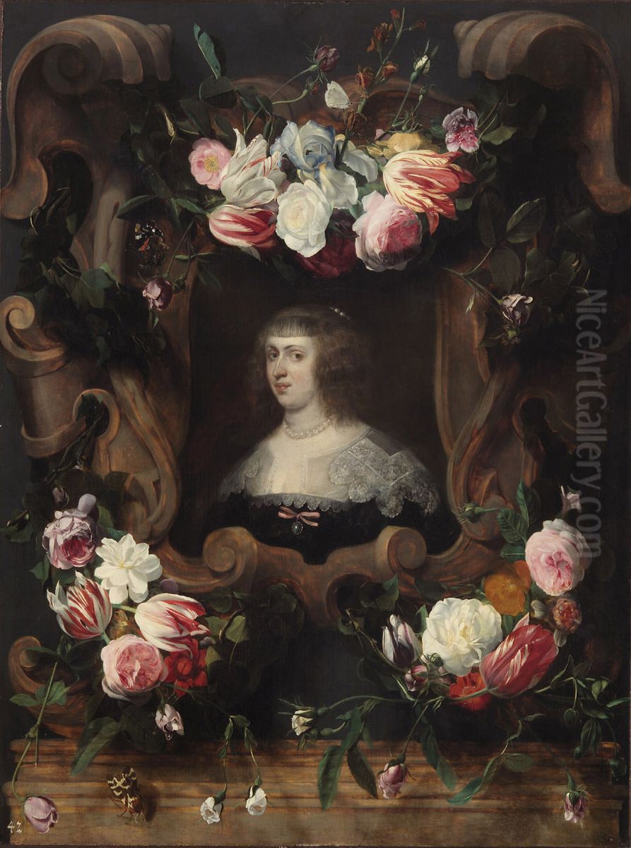 Cartouche decorated with flowergarlands surrounding a portrait of archduchess Maria Anna of Austria (1610-1665) Oil Painting by Daniel Seghers