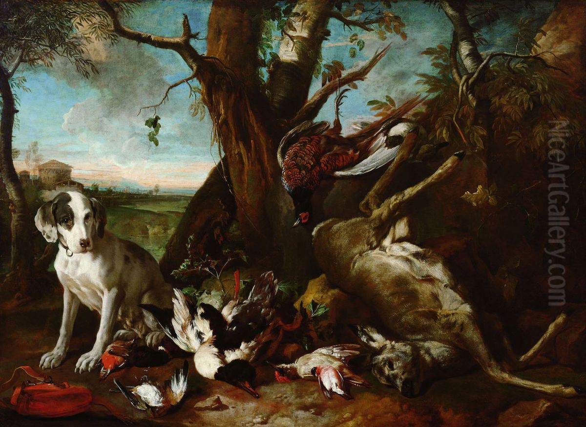 Dead wild game guarded by a hunting dog Oil Painting by Franz Werner Tamm
