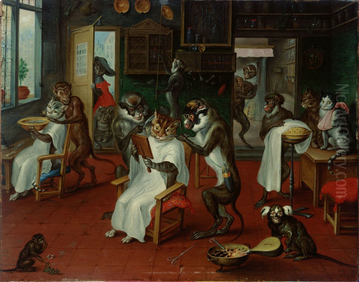 Barbierstube mit Affen und Katzen Oil Painting by Abraham Teniers