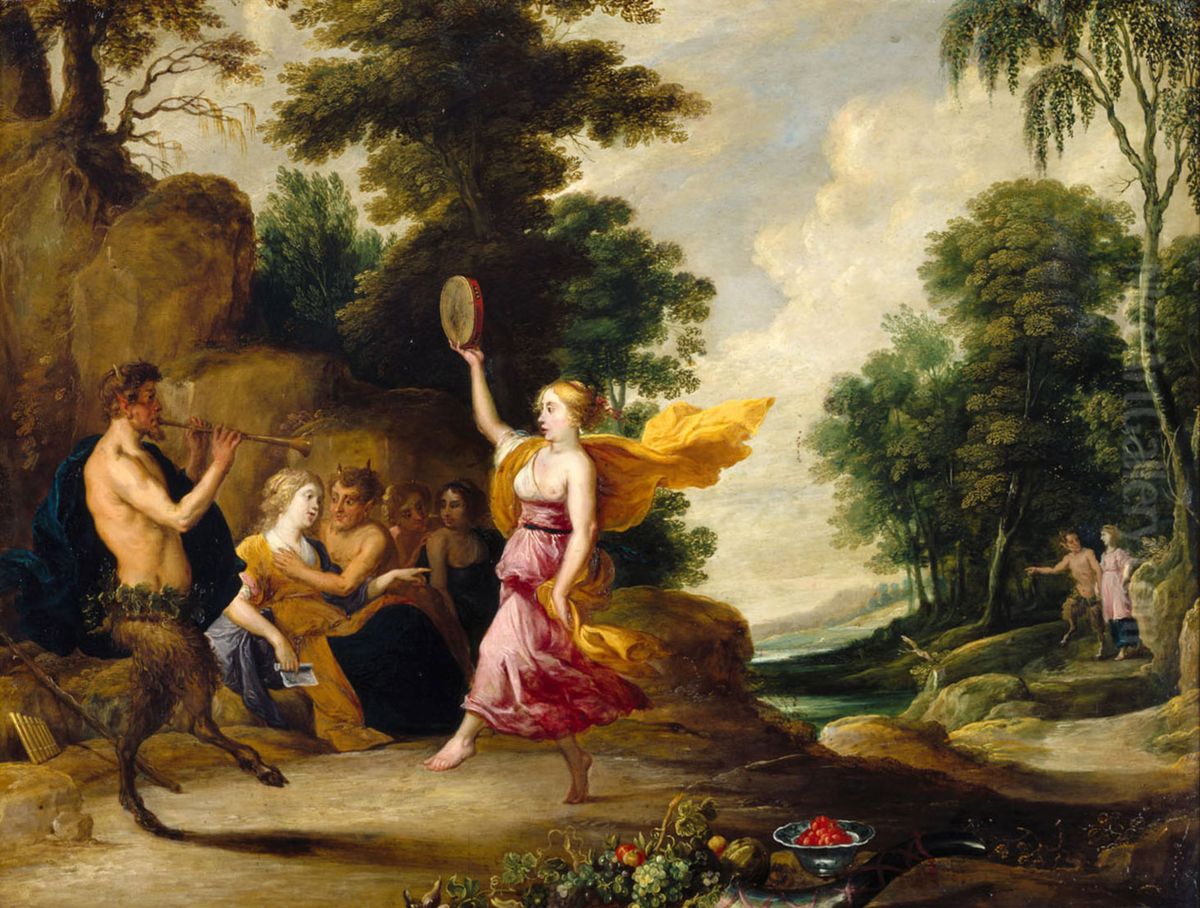 Pan plays the flute before nymphs and satyrs Oil Painting by David The Elder Teniers