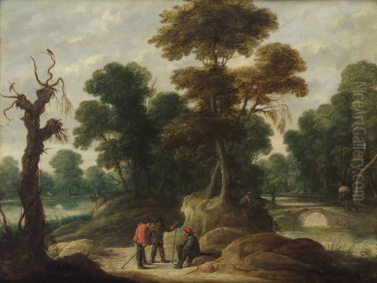 Landschaft mit drei Bauern Oil Painting by David Teniers the Younger