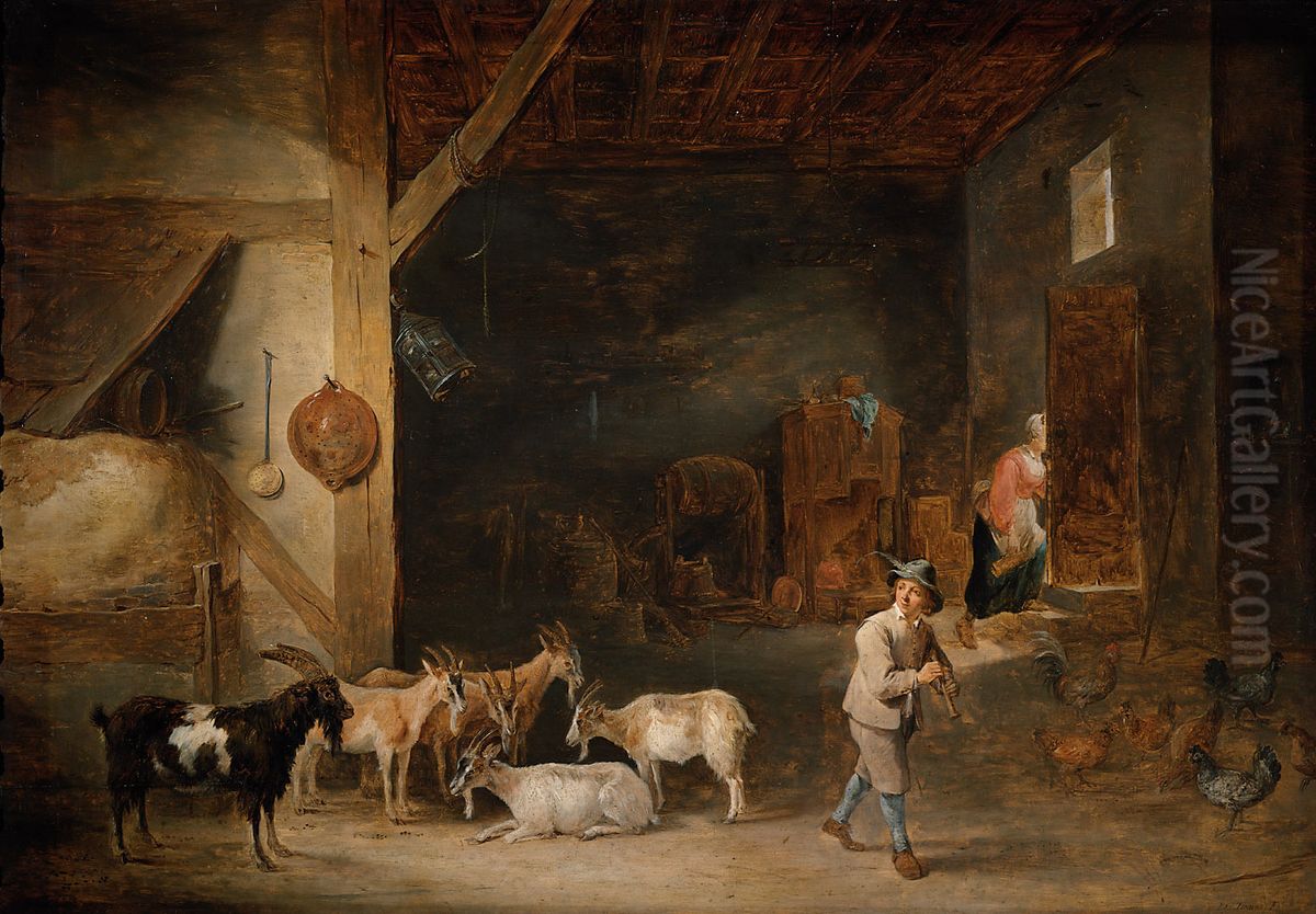 Scheune mit Ziegen und Blockflote spielendem Jungen Oil Painting by David Teniers the Younger