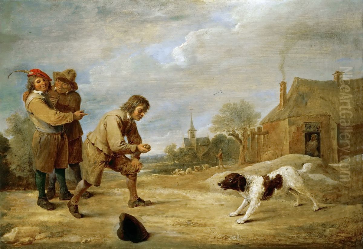 Farm boys with a dog Oil Painting by David Teniers the Younger