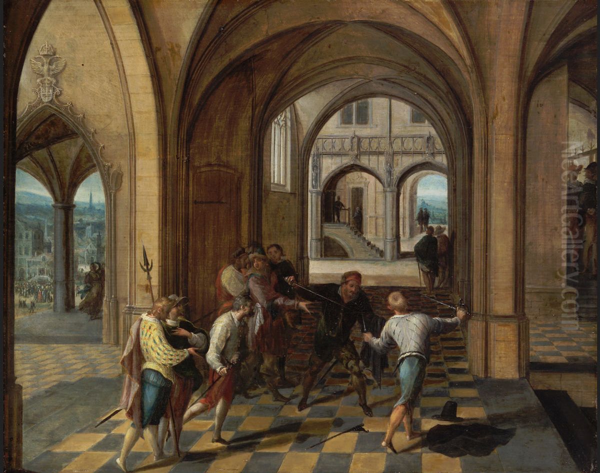 Fencing bout Oil Painting by Hendrik van Steenwijk I