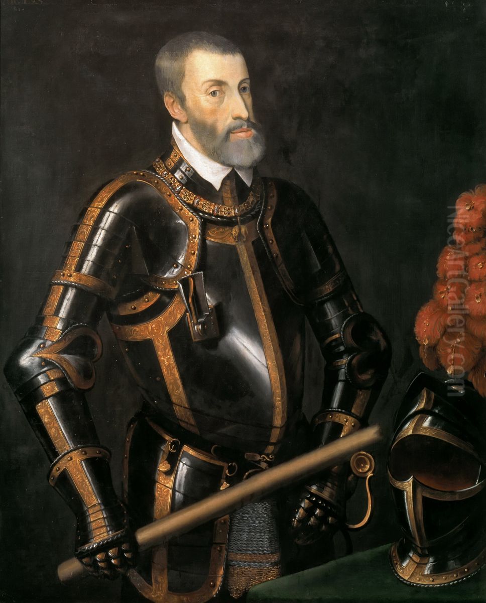 Kaiser Karl V. (1500-1558) im Harnisch, Bildnis in halber Figur Oil Painting by Titian