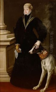 Dona Juana (1535-1573), Prinzessin von Portgual, ganzfiguriges Bildnis im Alter von 22 Jahren mit einer Dogge
