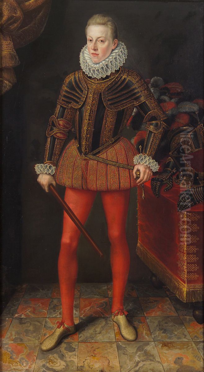 Kaiser Matthias (1557-1619), Bildnis als Erzherzog im Harnisch in ganzer Figur, mit einem Feldherrenstab Oil Painting by Lucas van Valckenborch
