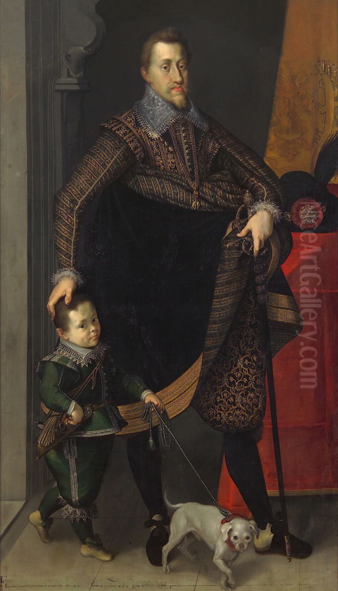 Kaiser Ferdinand II. (1578-1637) in ganzer Figur mit einem Hofzwerg Oil Painting by Joseph The Elder Heintz