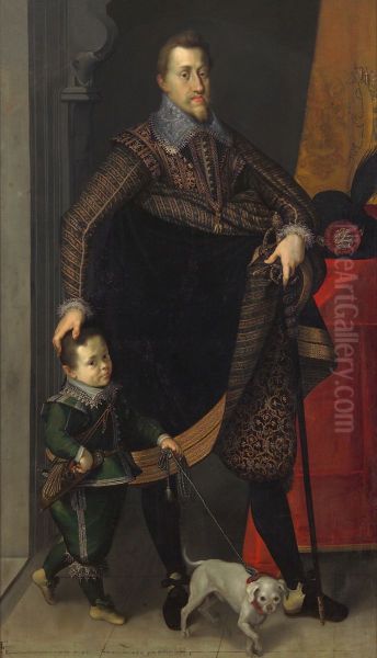 Kaiser Ferdinand II. (1578-1637) in ganzer Figur mit einem Hofzwerg Oil Painting by Joseph The Elder Heintz