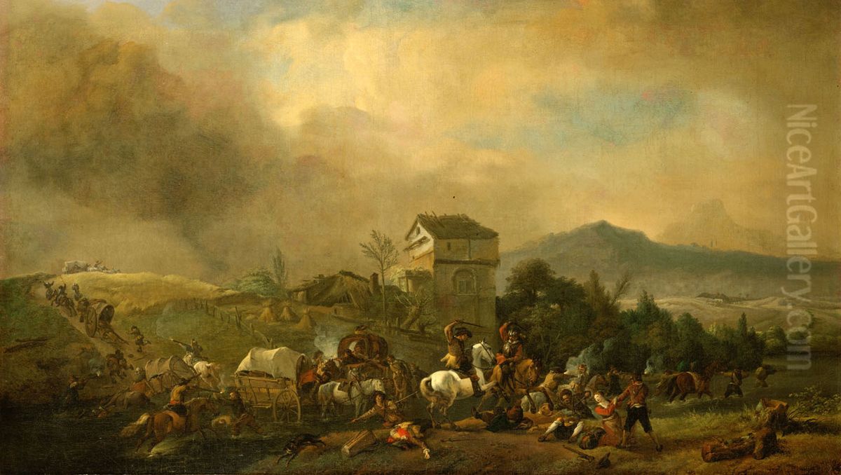 Robbers attacking Baggage Wagons Oil Painting by Philips Wouwerman