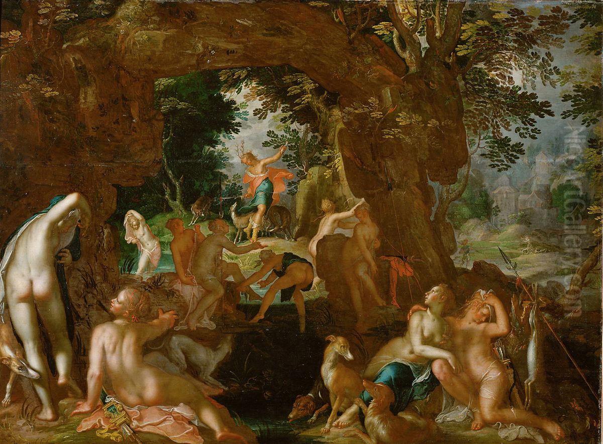 Actaeon is changed into a stag and killed by his own dogs Oil Painting by Joachim Wtewael (Uytewael)