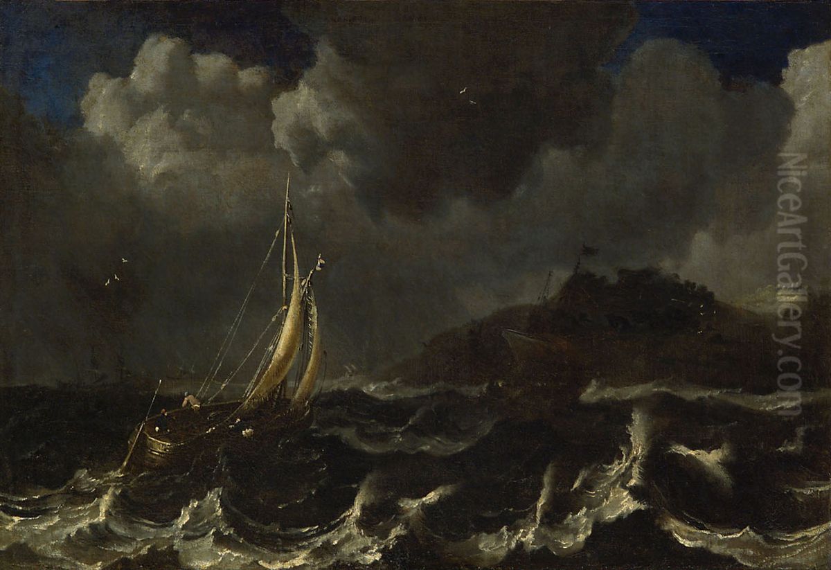 Ein Seesturm mit Schiffen Oil Painting by Pieter Mulier