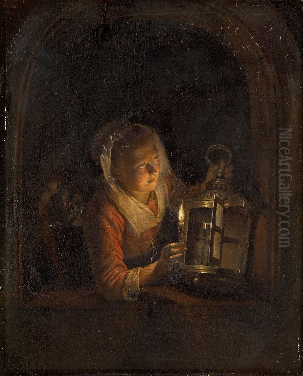 Jeune fille a sa fenetre une lanterne a la main Oil Painting by Gerrit Dou