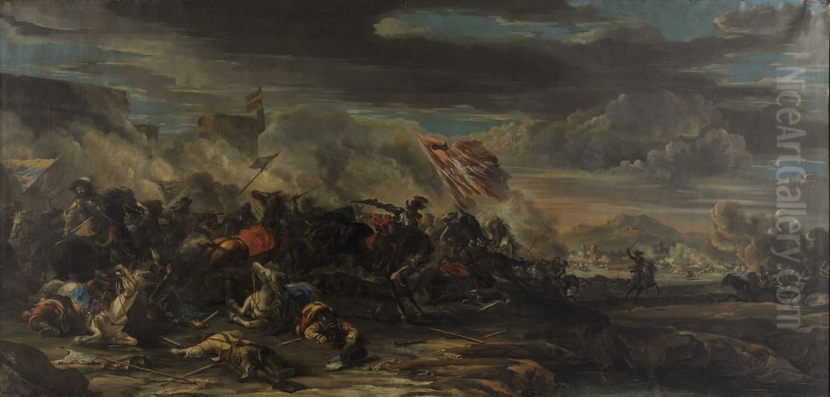 Gefecht zwischen osterreichischen und schwedischen Truppen Oil Painting by Johann Anton Eismann