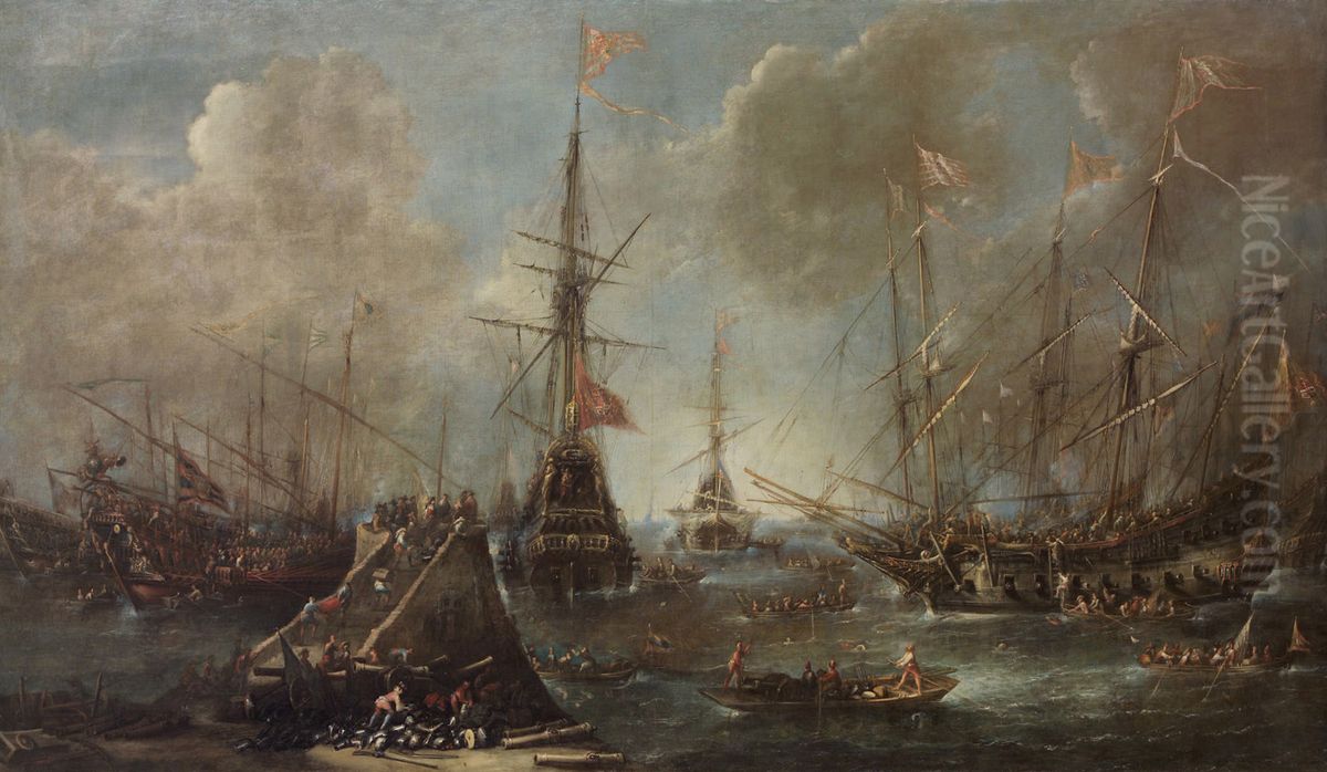 Hafen mit Kriegsschiffen Oil Painting by Andries Van Eertvelt