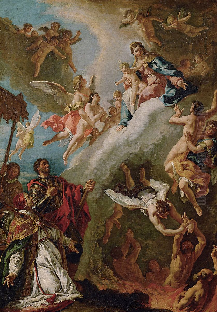 Papst Gregor I. und der Hl. Vitalis bitten die Madonna fur die Seelen im Fegefeuer Oil Painting by Francesco Fontebasso