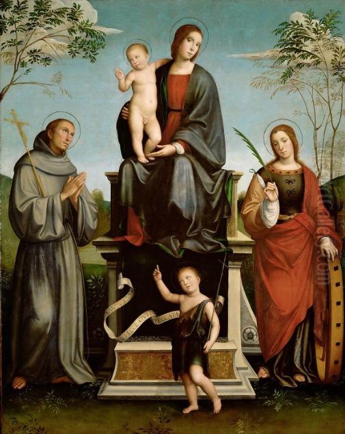 Maria mit Kind , den Hll. Franziskus, Katharina und dem Johannesknaben Oil Painting by Francesco Francia
