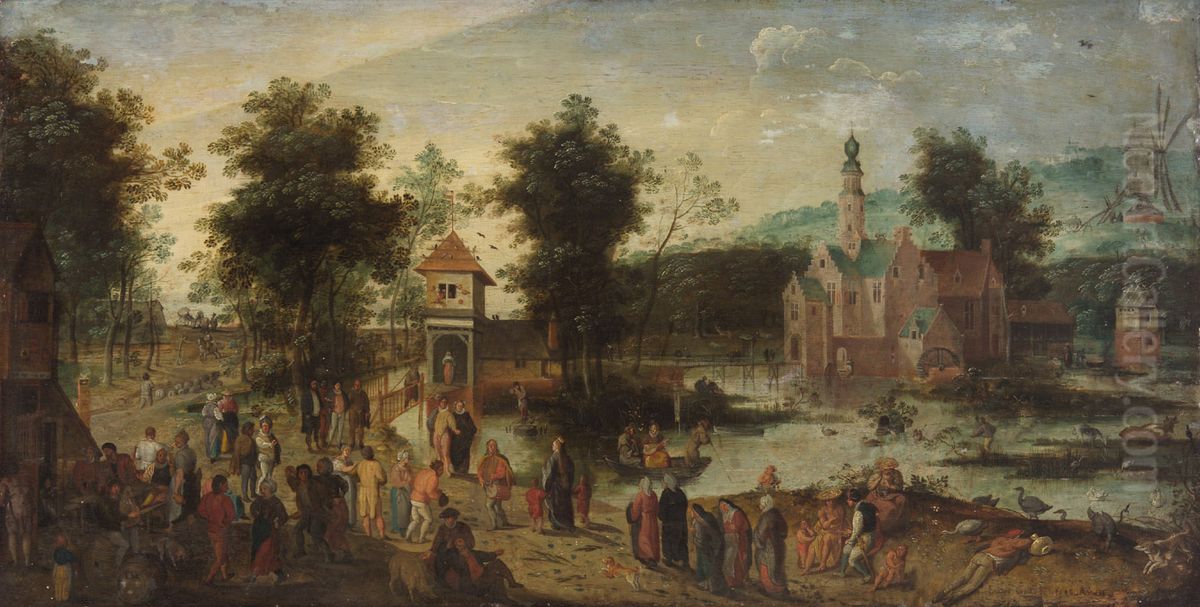 Landschaft mit Schloss und Wirtshaus Oil Painting by Jacob Grimmer