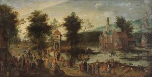 Landschaft mit Schloss und Wirtshaus