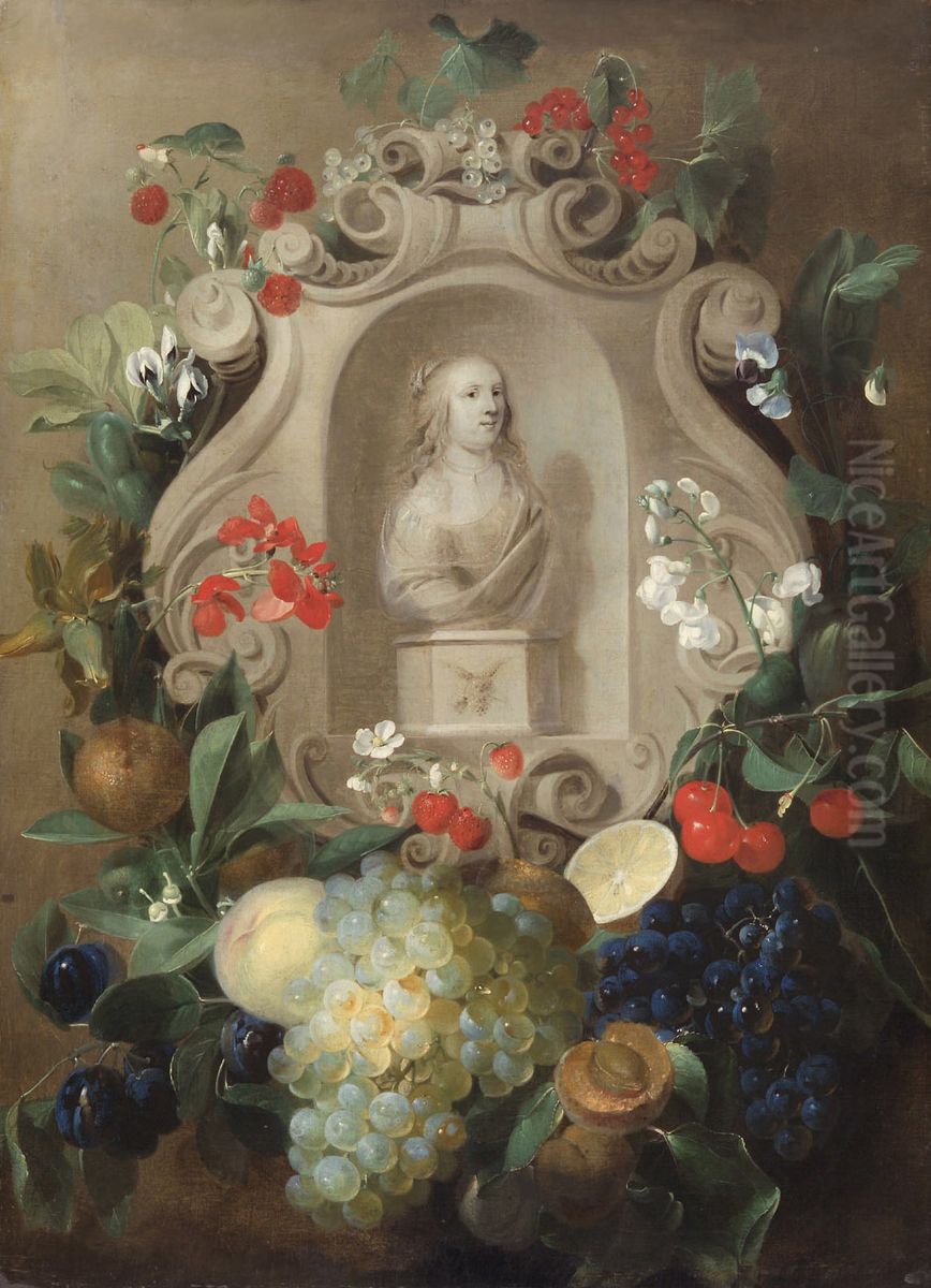 Witte buste in een krans van bloemen en fruit Oil Painting by Jan van den Hecke