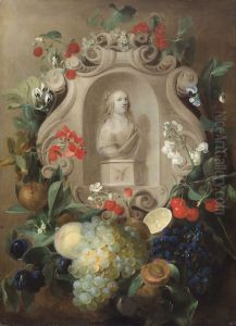 Witte buste in een krans van bloemen en fruit
