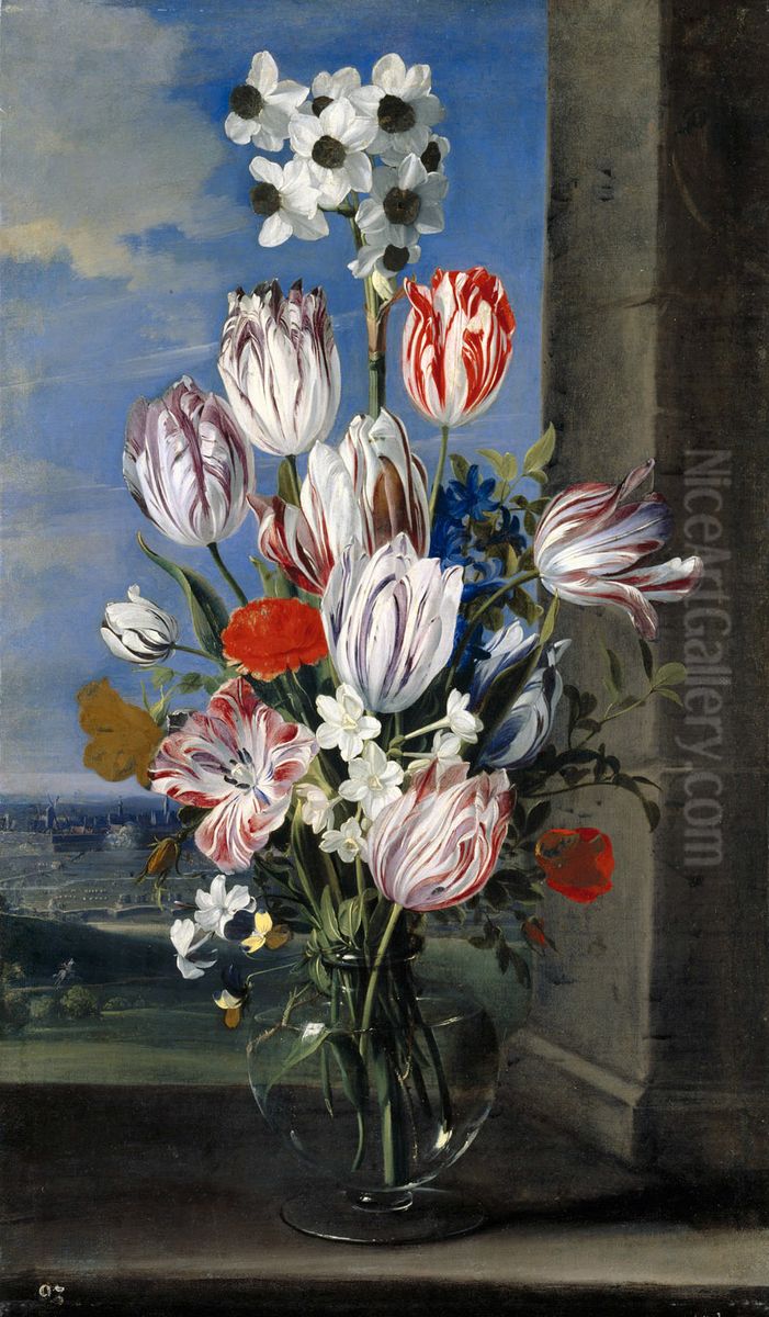 Flowers in a Vase with the Siege of Gravelingen Oil Painting by Jan van den Hecke