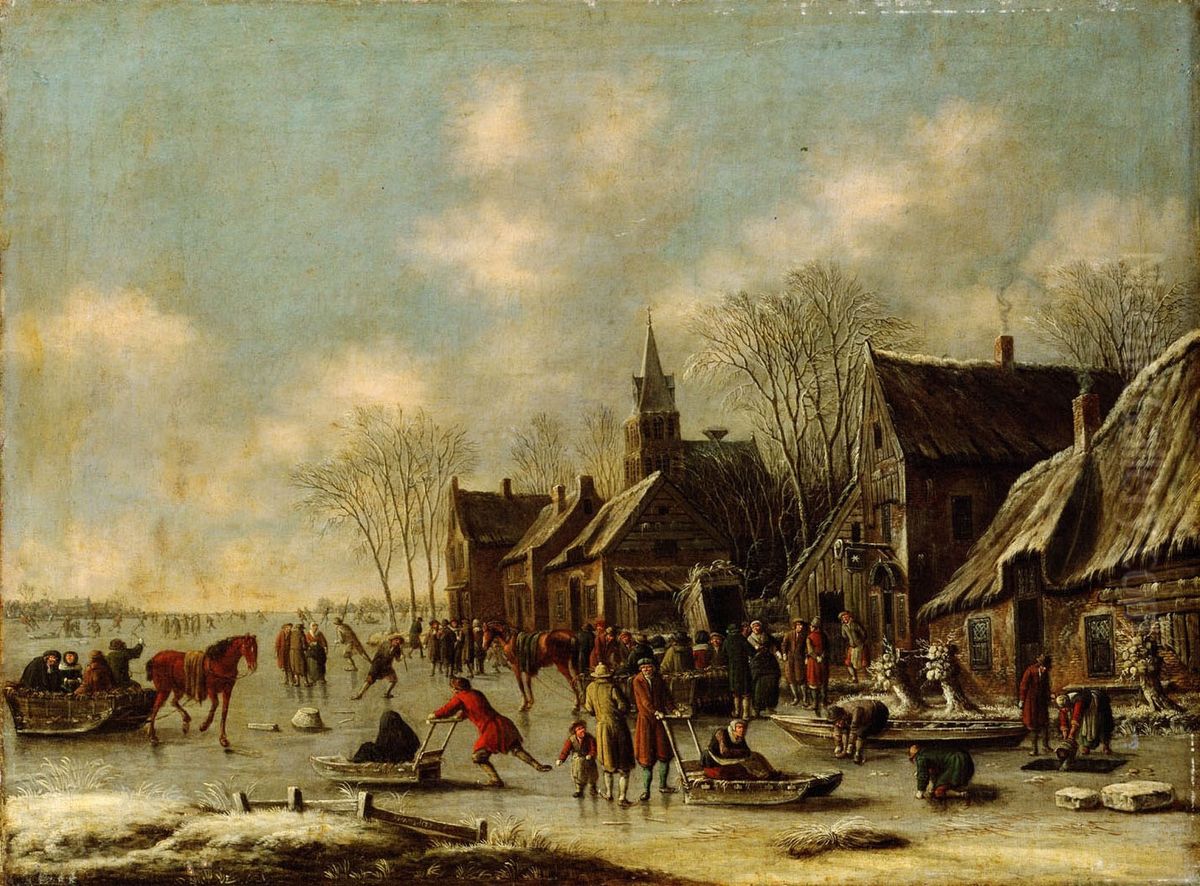 Winter landscape with people having fun on the ice Oil Painting by Thomas Heeremans