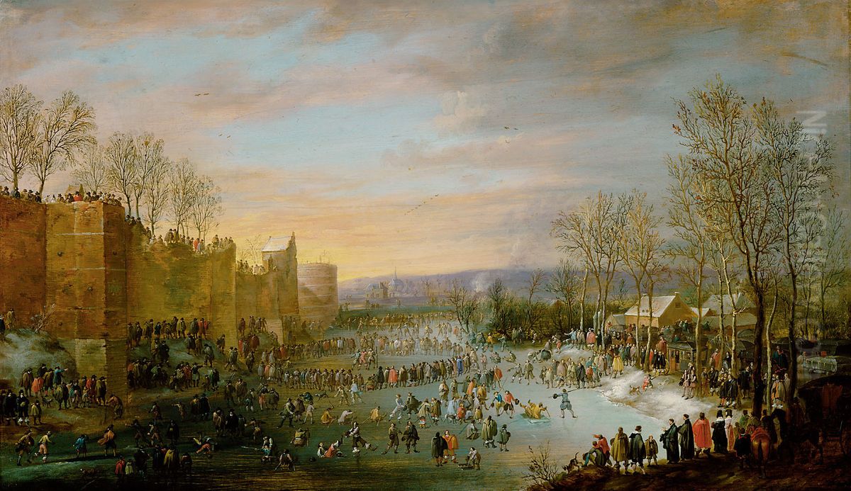 Schlittschuhlaufen auf dem Stadtgraben in Brussel Oil Painting by Robert van den Hoecke