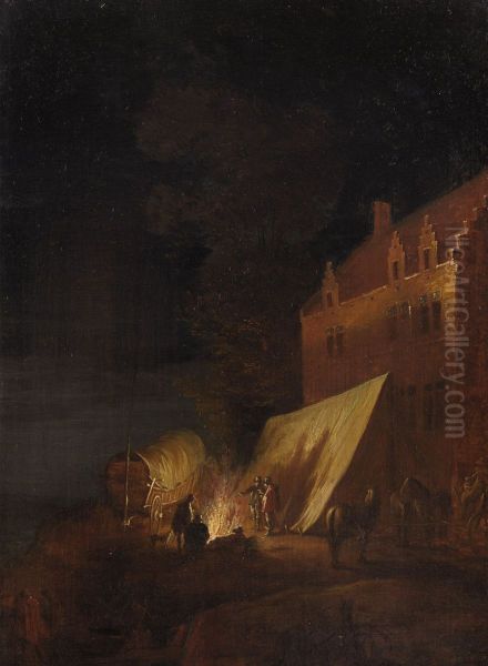 Bivouac in front of a building Oil Painting by Robert van den Hoecke