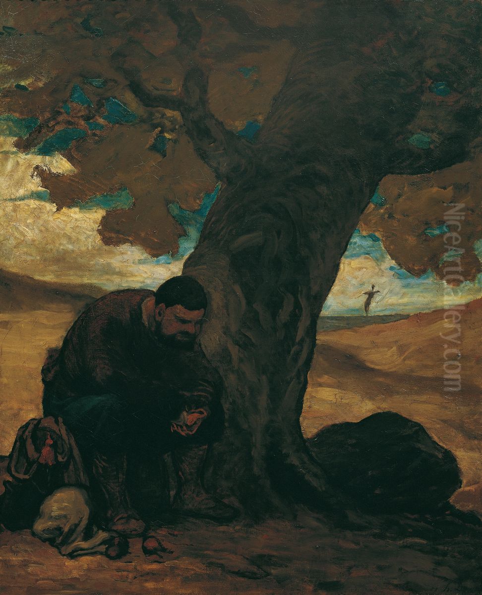 Sancho Pansa, unter einem Baum ausruhend Oil Painting by Honore Daumier