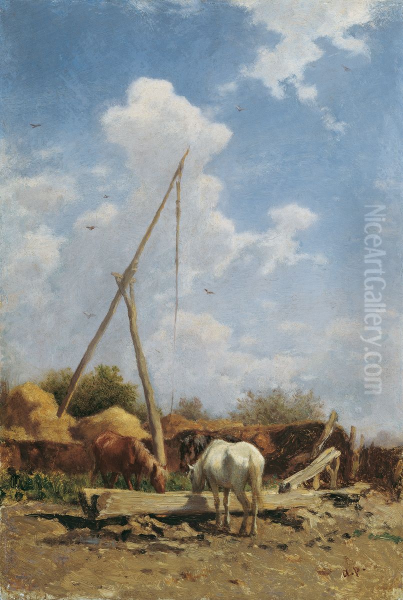 Ungarische Pferdetranke Oil Painting by August von Pettenkofen