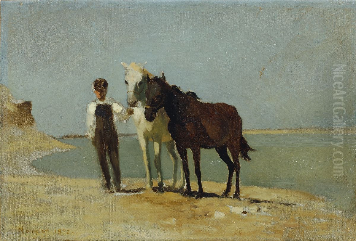 Ein Junge mit Pferden am Strand Oil Painting by Franz Rumpler