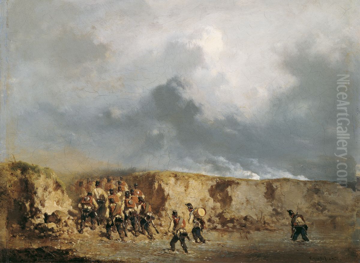 Osterreichische Soldaten eine Furt uberschreitend Oil Painting by August von Pettenkofen