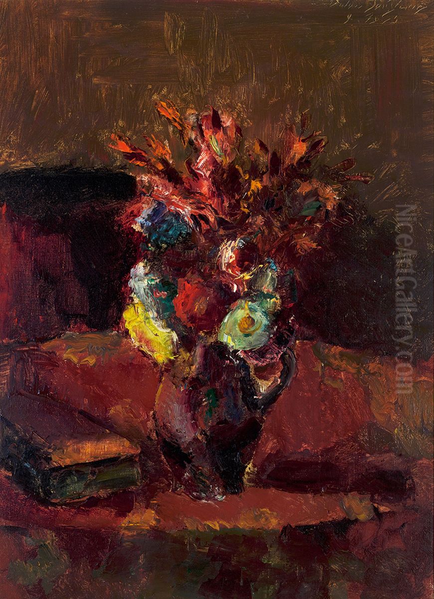 Blumenbouquet mit rotem Tischtuch Oil Painting by Anton Faistauer