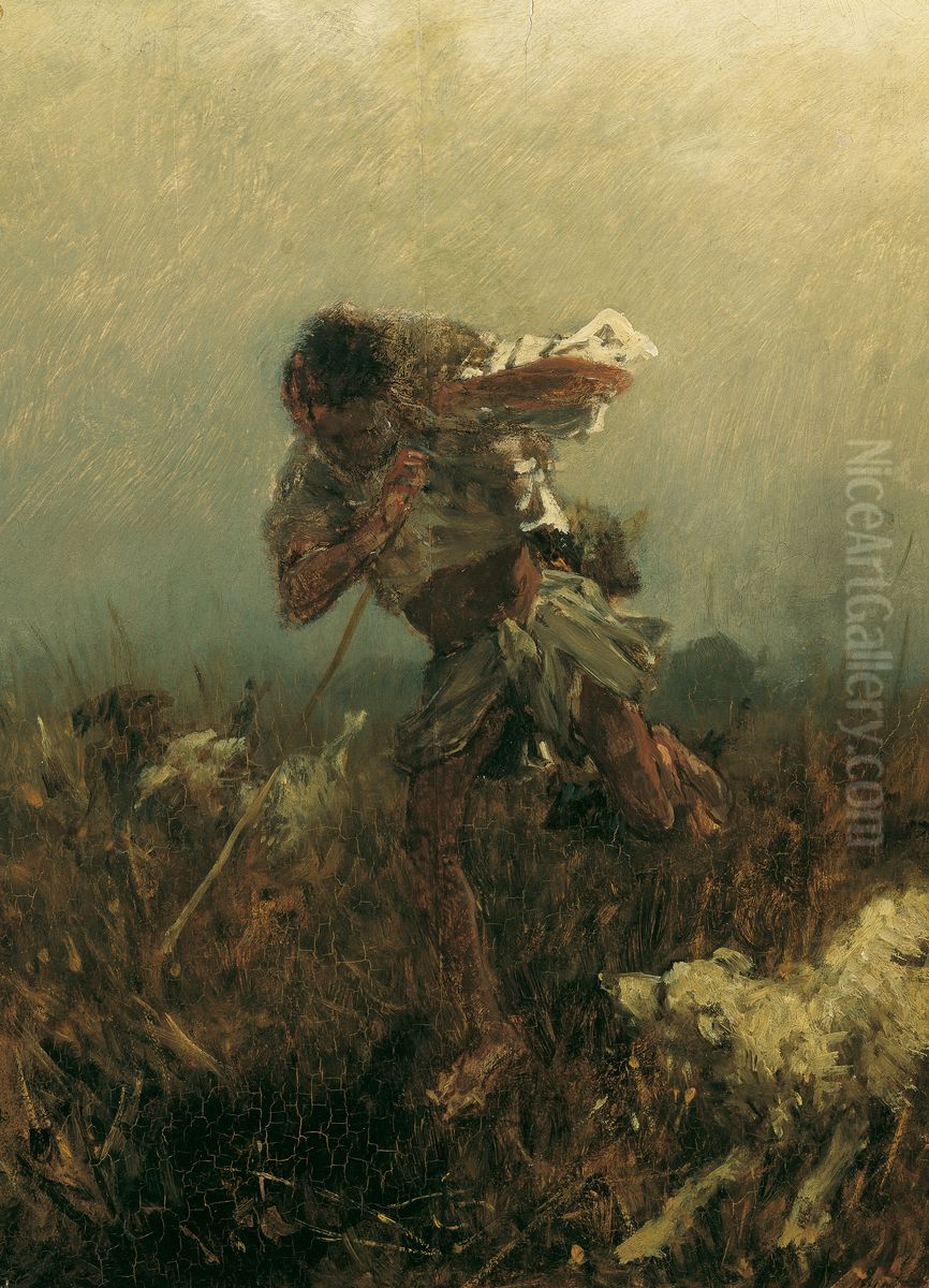 Junge von Hunden verfolgt Oil Painting by August von Pettenkofen
