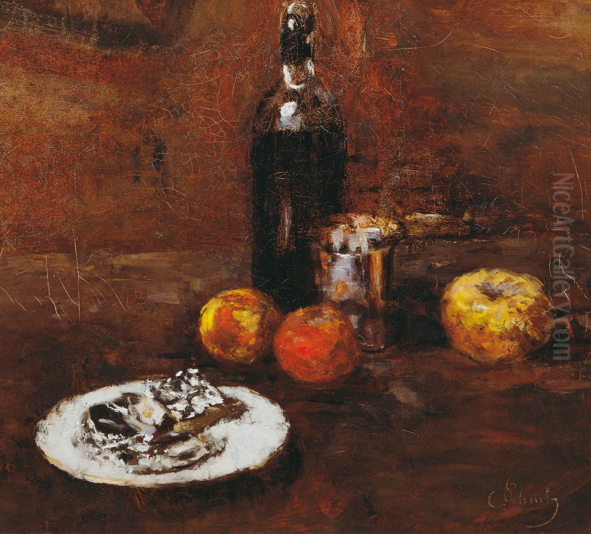 Stillleben mit drei Apfeln und Kase in Staniol Oil Painting by Carl Schuch