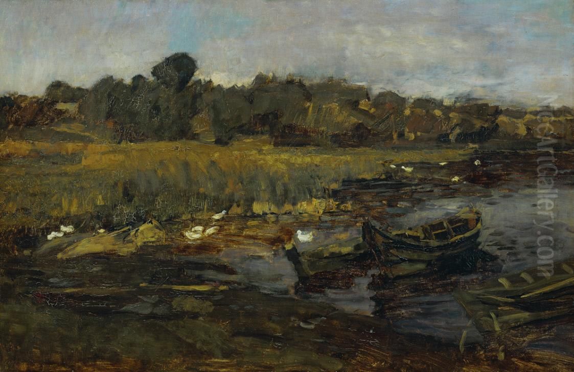 Schilflandschaft am Schwielowsee mit Enten Oil Painting by Carl Schuch
