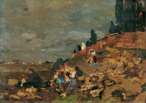 Kinder an der Friedhofsmauer