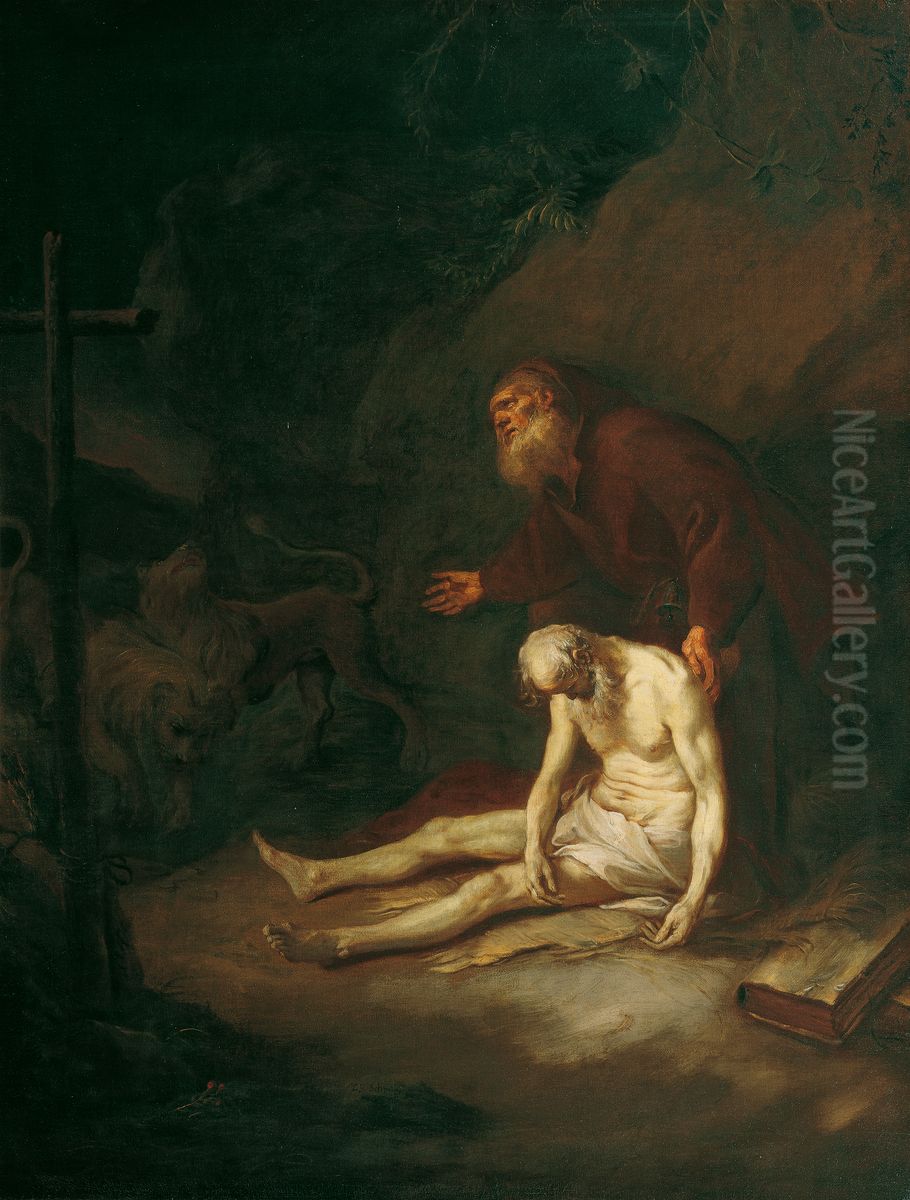 St. Antony Abbot buries St. Paul the Hermit with the help of two lions that scratch a hole in the ground Oil Painting by Martin Johann Schmidt
